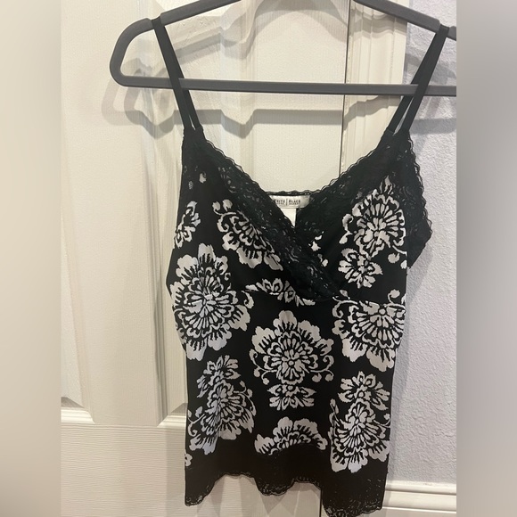 White House Black Market Tops - White House Black Market Floral Lace Trim Black and White Camisole